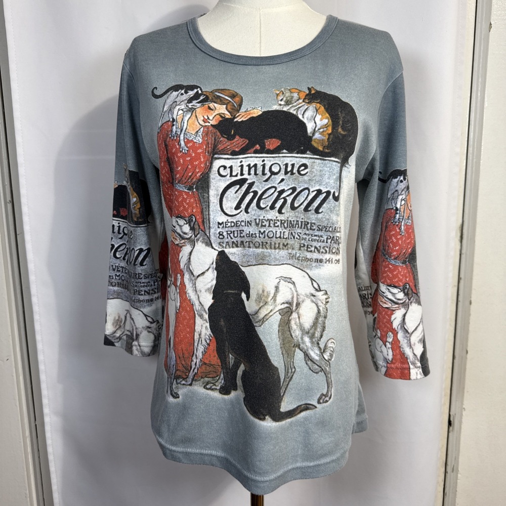 Breeke Women's Cat & Dog Lovers Clinique Cheron Steinlen 3/4 Sleeve Pullover Lg.